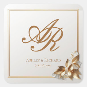 Elegante goldene botanische Hochzeit  Quadratischer Aufkleber
