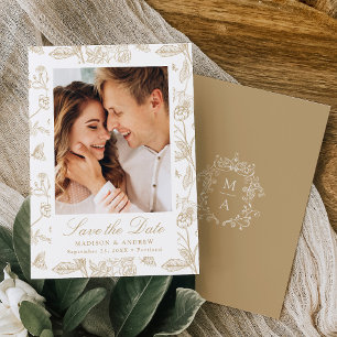 Elegante goldene Chinoiserie-Blumen-Hochzeitsfoto Save The Date