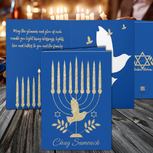 Elegante goldene fliegende Taube Menora Blau Chanu Feiertagskarte