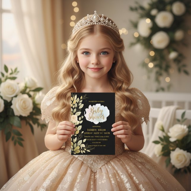 Elegante goldene Floral-Schwarze Babyshower-Einlad Einladung (Von Creator hochgeladen)
