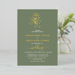 Elegante Goldene Florale Hellgrüne Monogramm-Hochz Folieneinladung