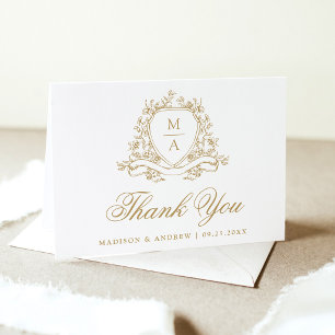 Elegante goldene florale Wappen-Monogramm-Hochzeit Dankeskarte