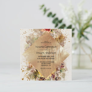 Elegante Goldene Florale Wasserfarben-Hochzeit Einladung
