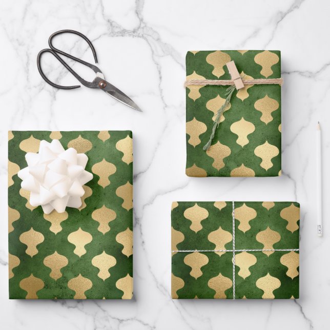 Elegante goldene Folie Weihnachtsschmuck Geschenkpapier Set (Vorderseite)