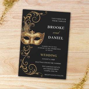 Elegante goldene gefiederte Maskenballhochzeit Einladung