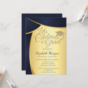 Elegante goldene Glitter-Abschlusskappe, Blau Gold Einladung