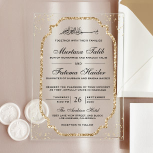 Elegante goldene Glitter-Rand muslimische Hochzeit Acryleinladungen
