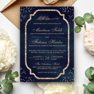Elegante goldene Glitter-Rand Navy Muslimische Hoc Einladung