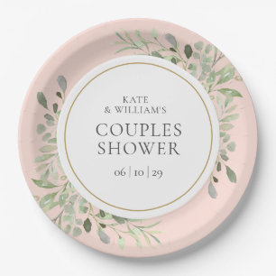 Elegante goldene Grüne Blush Pink Paare Dusche Pappteller