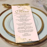 Elegante Goldene Gürtel & Wirbel Rosa Hochzeit Menükarte<br><div class="desc">Dieses schöne Menü wird Ihrem Hochzeitsempfang etwas mehr Stil verleihen. Es zeichnet sich durch ein schönes Design mit verzierten goldenen Imitate-Folienrollen und Wirbel auf einem blassrosa Hintergrund aus. Es gibt Platz für die Namen des Paares und das Hochzeitstag,  und der Text ist vollständig anpassbar.</div>
