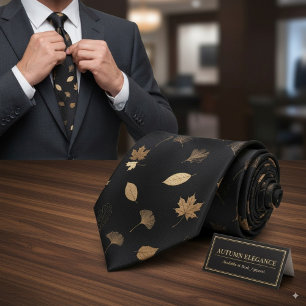 Elegante goldene Herbstblätter Schwarzes Herbstthe Krawatte
