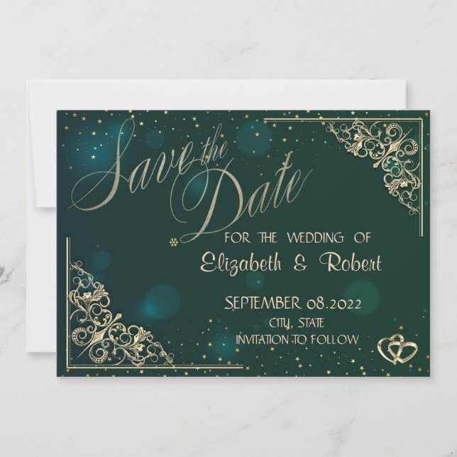 Elegante goldene Herzen Save the Date grün (Vorderseite)