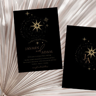 Elegante Goldene Himmelsterne Schwarze Hochzeit Einladung
