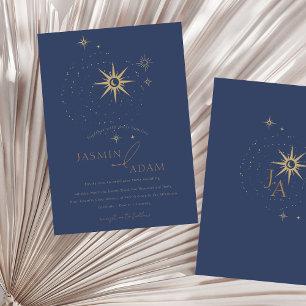 Elegante goldene himmlische Sterne Navy Blau Hochz Einladung