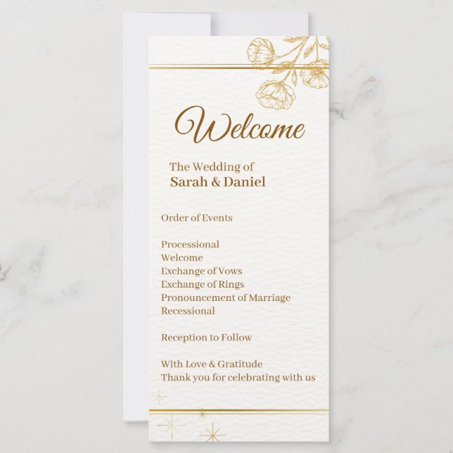 Elegante goldene Hochzeitsprogrammkarte mit floral (Vorderseite)
