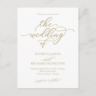 Elegante goldene Kalligrafie-Hochzeitseinladung Postkarte
