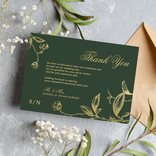 Elegante goldene Kalligraphie Blumengrün Hochzeit Dankeskarte (Von Creator hochgeladen)