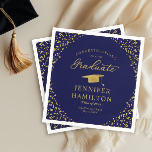Elegante goldene Konfetti auf blauem Abschluss Serviette