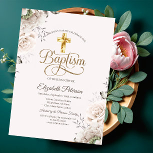 Elegante goldene Kreuzrosen rosa Taufe Einladung