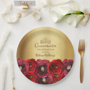 Elegante Goldene Krone Rote Rose Florale Quinceañe Pappteller
