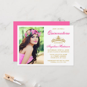 Elegante goldene Kronen-Foto Hot Pink Quinceanera Einladung