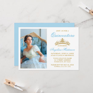 Elegante goldene Kronen-Foto-Lichtblau-Quinceanera Einladung