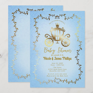 Elegante Goldene Kutsche Blaue Geschichte Babypart Einladung