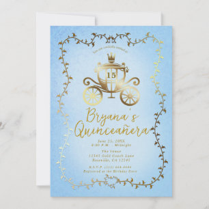 Elegante goldene Kutsche blaue Storybook Quinceañe Einladung