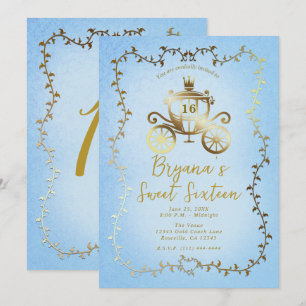 Elegante goldene Kutsche blaue Storybook Sweet 16 Einladung