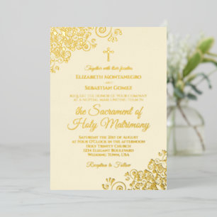 Elegante goldene Locken auf cremefarbener katholis Folieneinladung