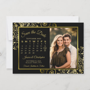 Elegante Goldene Locken auf schwarzem Kalender Fot Save The Date