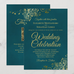 Elegante goldene Locken auf teal QR-Code-Hochzeit Einladung