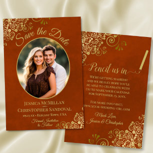 Elegante goldene Locken-Oval-Foto marmoriert Rost  Save The Date