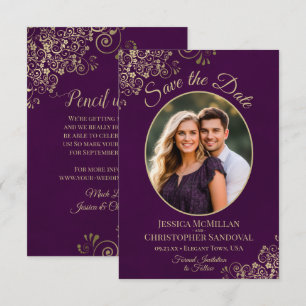 Elegante Goldene Locken Oval Foto Pflaume Lila Hoc Save The Date