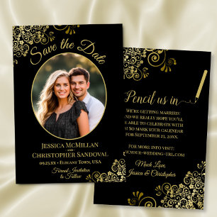 Elegante goldene Locken Oval Foto Schwarze Hochzei Save The Date