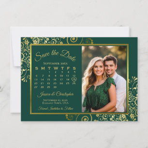 Elegante Goldene Locken Smaragd-Kalender Foto-Hoch Save The Date