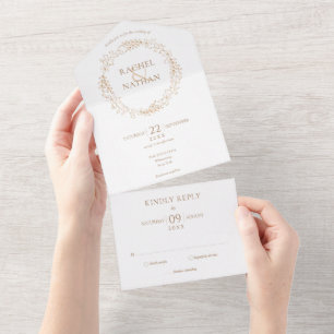 Elegante goldene Lorbeer-Girlande-Monogramm-Hochze All In One Einladung