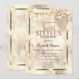 Elegante Goldene Luftballons Rahmen Sweet 16 Einladung