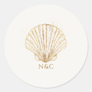 Elegante Goldene Muschelnamen Initialen Hochzeit Runder Aufkleber
