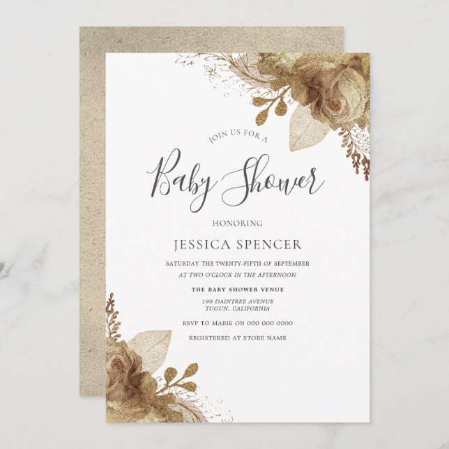 Elegante goldene, neutrale Babydusche Einladung (Vorne/Hinten)