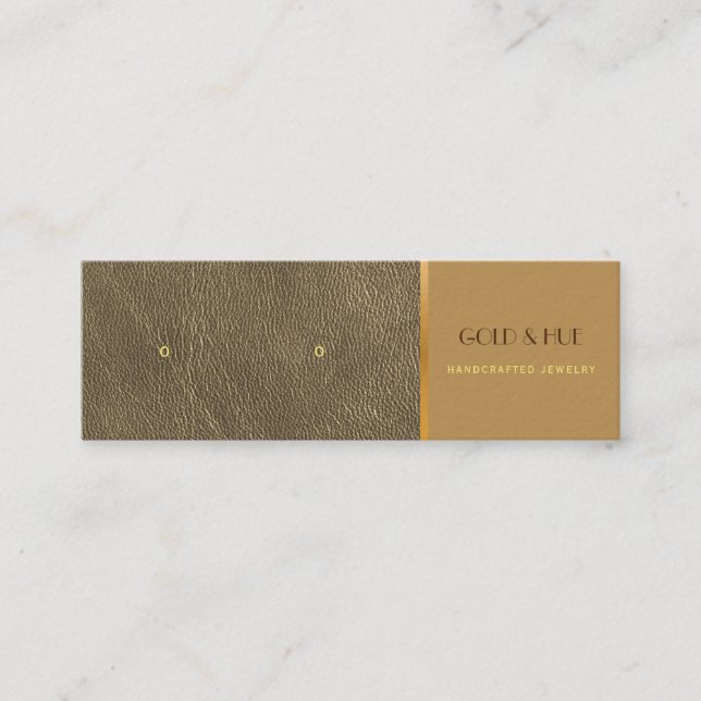 Elegante goldene Ohrringe mit goldenem Lederstiel Mini Visitenkarte (Vorderseite)