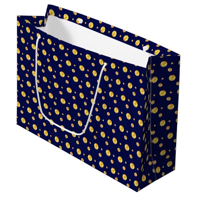Elegante goldene Polka-Punkte auf marineblau Große Geschenktüte (Vorderseite Schrägansicht)