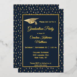 Elegante goldene Regentropfen Navy Blau Abschlussf Folieneinladung
