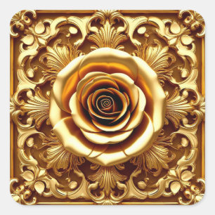 Elegante goldene Rose mit aufwendigem Zierrahmen Quadratischer Aufkleber