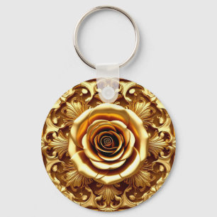 Elegante goldene Rose mit aufwendigem Zierrahmen Schlüsselanhänger