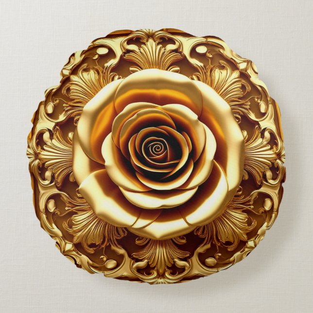 Elegante Goldene Rose mit Verziertem Dekorationsra Rundes Kissen (Vorderseite)