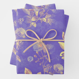 Elegante Goldene Rose über Lila Hintergrund Geschenkpapier Set