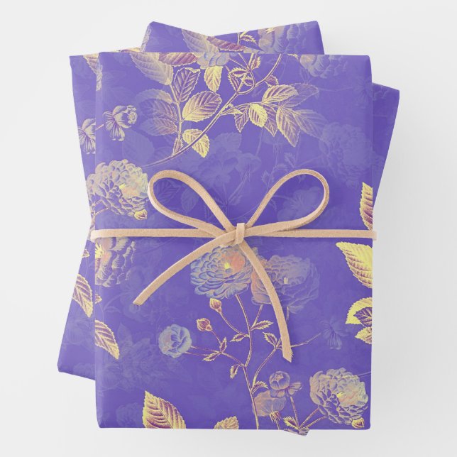Elegante Goldene Rose über Lila Hintergrund Geschenkpapier Set (Beispiel)