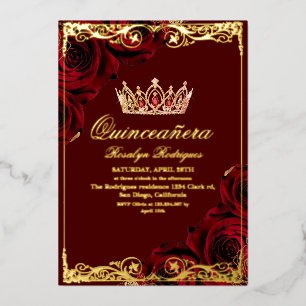 Elegante Goldene Rote Rosen-Foto-Quinceanera Folieneinladung