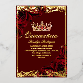 Elegante Goldene Rote Rosen-Foto-Quinceanera Folieneinladung